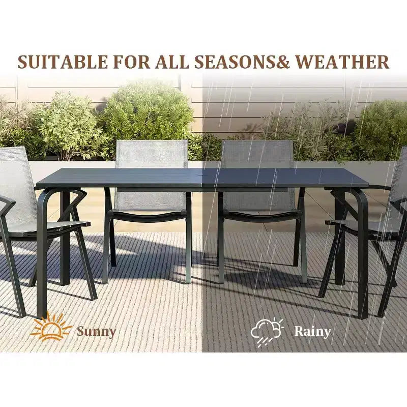 Grande table de salle à manger d'extérieur de 180 cm pour 6 à 8 personnes, table de patio en aluminium étanche avec plateau à lattes et trou pour parasol pour jardin/pelouse