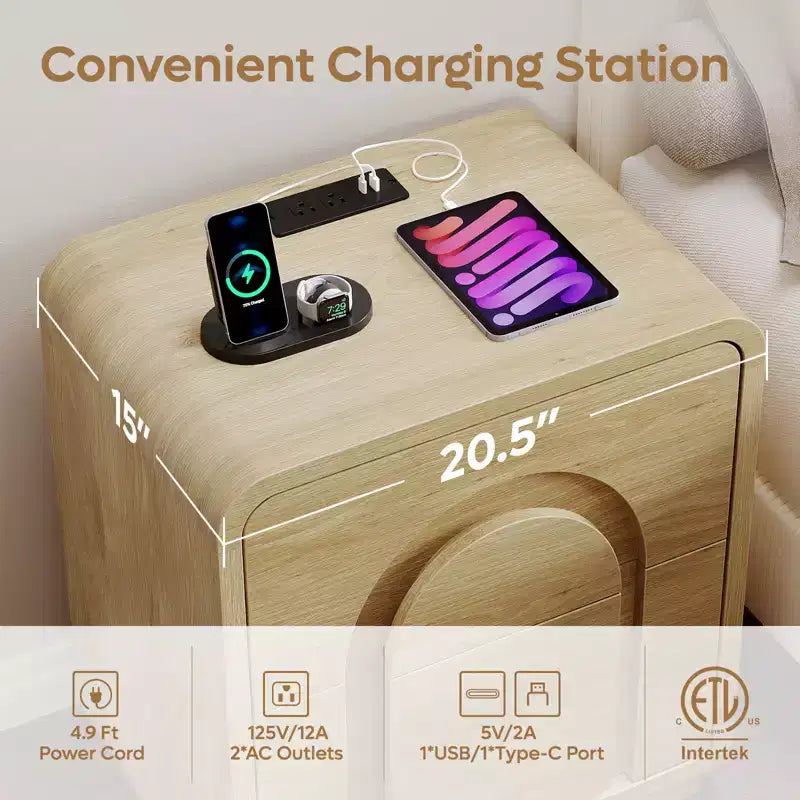 Table de chevet Bestier avec station de charge, tables d'appoint LED modernes avec 2 tiroirs, table de chevet bohème avec rangement pour chambre et salon, chêne naturel