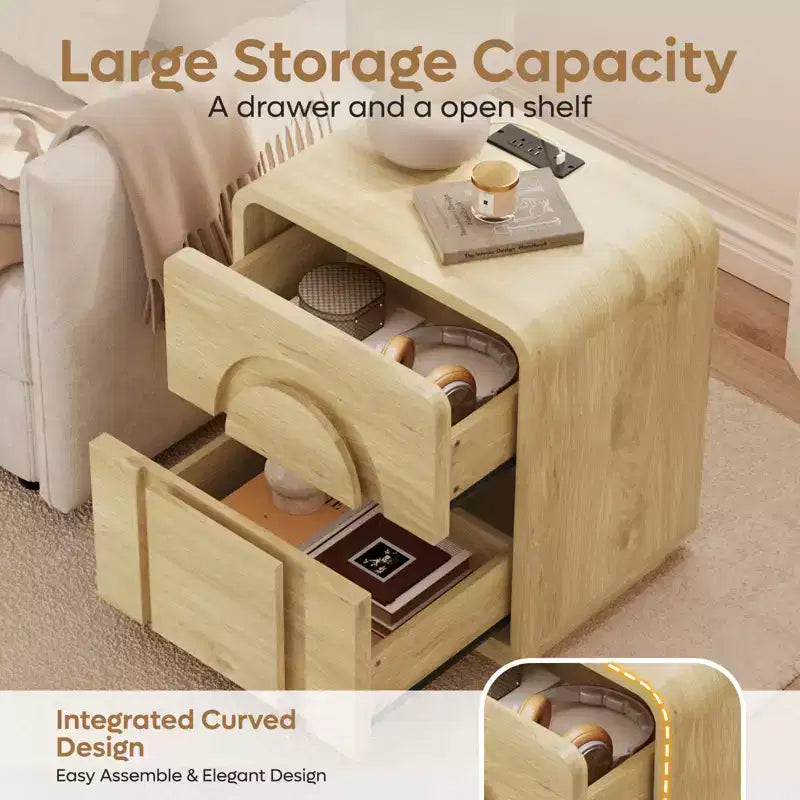 Table de chevet Bestier avec station de charge, tables d'appoint LED modernes avec 2 tiroirs, table de chevet bohème avec rangement pour chambre et salon, chêne naturel