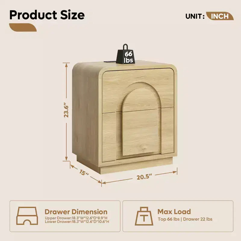 Table de chevet Bestier avec station de charge, tables d'appoint LED modernes avec 2 tiroirs, table de chevet bohème avec rangement pour chambre et salon, chêne naturel