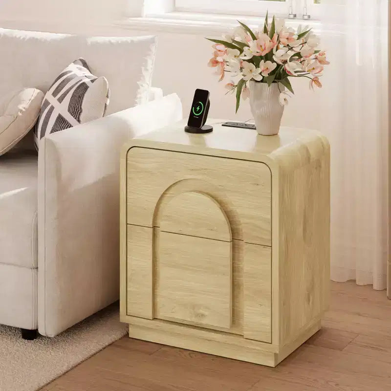 Table de chevet Bestier avec station de charge, tables d'appoint LED modernes avec 2 tiroirs, table de chevet bohème avec rangement pour chambre et salon, chêne naturel