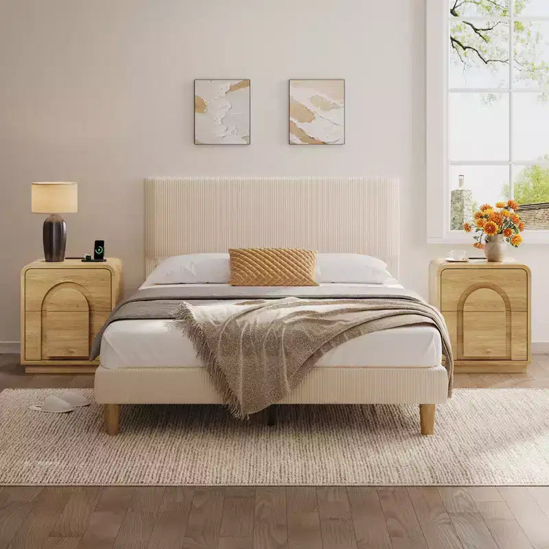 Table de chevet Bestier avec station de charge, tables d'appoint LED modernes avec 2 tiroirs, table de chevet bohème avec rangement pour chambre et salon, chêne naturel