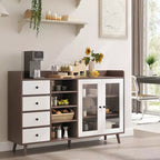 Buffet bahut de 140 cm, meuble de bar moderne avec portes en verre et 4 tiroirs, table console de cuisine en bois, meuble de rangement d'appoint