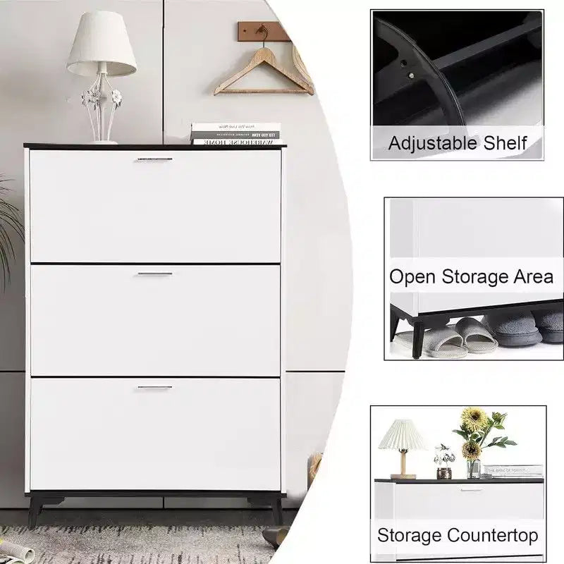 Meuble à chaussures Coolmee avec 3 tiroirs basculants, meuble à chaussures étroit caché pour l'entrée, étagère à chaussures autoportante pour l'entrée et le couloir