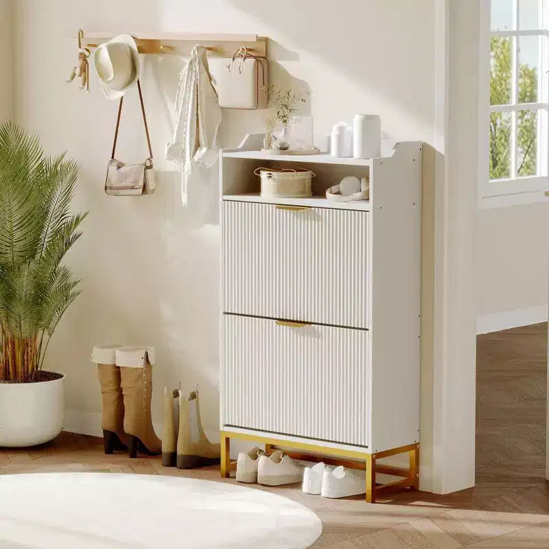Meuble de Rangement pour Chaussures Flûté Coolmee pour Entrée, Meuble à Chaussures Étroit en Bois de 60 cm avec 2 Tiroirs Basculants, Étagère Ouverte et Pieds Métalliques Robustes