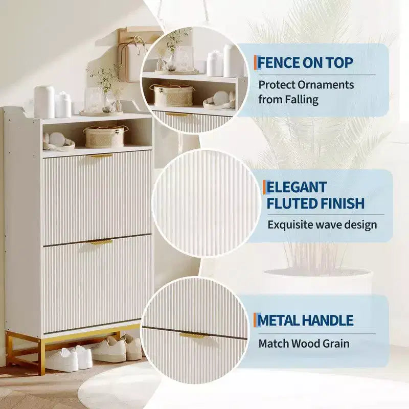 Meuble de Rangement pour Chaussures Flûté Coolmee pour Entrée, Meuble à Chaussures Étroit en Bois de 60 cm avec 2 Tiroirs Basculants, Étagère Ouverte et Pieds Métalliques Robustes