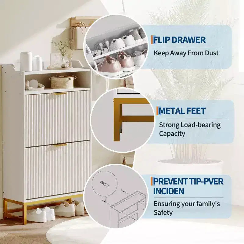 Meuble de Rangement pour Chaussures Flûté Coolmee pour Entrée, Meuble à Chaussures Étroit en Bois de 60 cm avec 2 Tiroirs Basculants, Étagère Ouverte et Pieds Métalliques Robustes