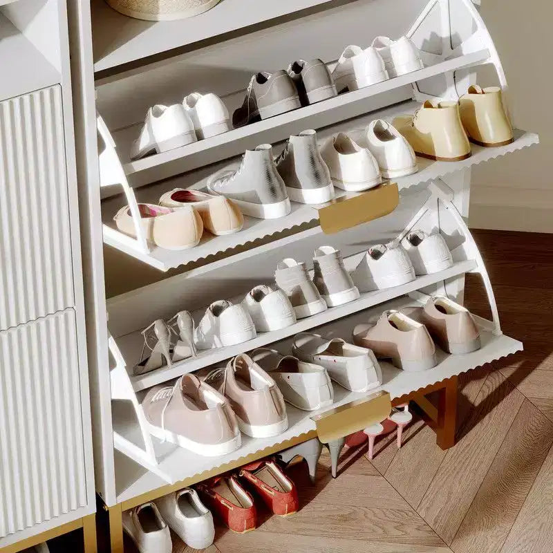 Meuble de Rangement pour Chaussures Flûté Coolmee pour Entrée, Meuble à Chaussures Étroit en Bois de 60 cm avec 2 Tiroirs Basculants, Étagère Ouverte et Pieds Métalliques Robustes