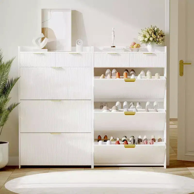 Meuble de Rangement pour Chaussures Flûté Coolmee pour Entrée, Meuble à Chaussures Étroit en Bois de 60 cm avec 2 Tiroirs Basculants, Étagère Ouverte et Pieds Métalliques Robustes