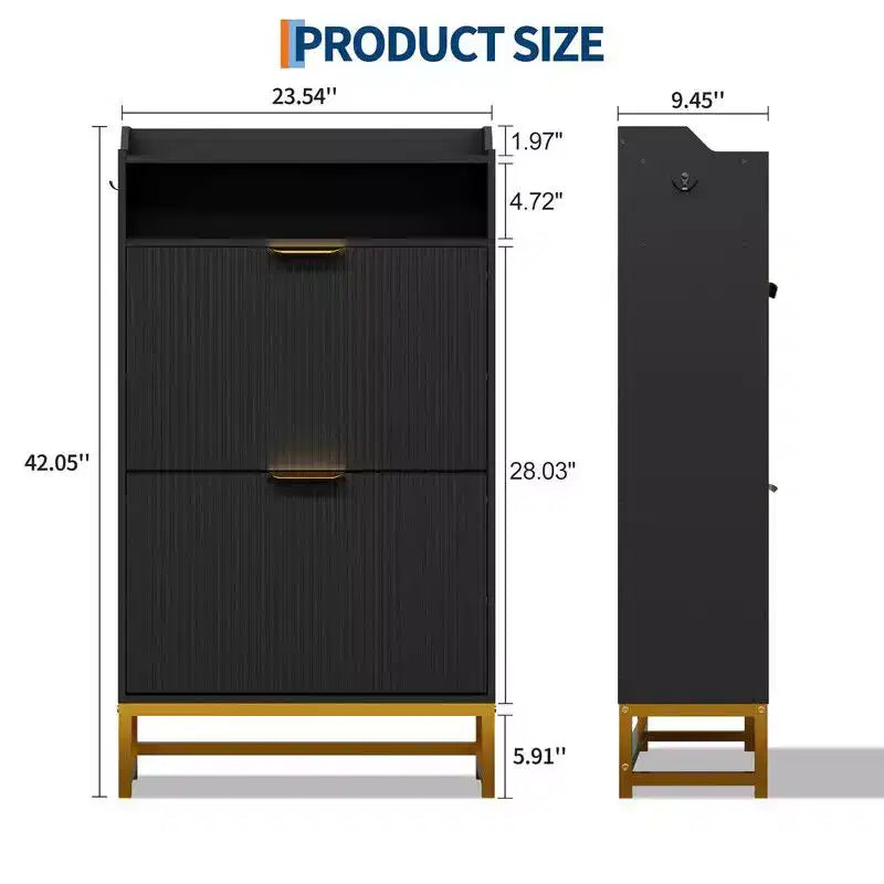 Meuble de Rangement pour Chaussures Flûté Coolmee pour Entrée, Meuble à Chaussures Étroit en Bois de 60 cm avec 2 Tiroirs Basculants, Étagère Ouverte et Pieds Métalliques Robustes