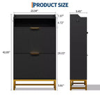 Meuble de Rangement pour Chaussures Flûté Coolmee pour Entrée, Meuble à Chaussures Étroit en Bois de 60 cm avec 2 Tiroirs Basculants, Étagère Ouverte et Pieds Métalliques Robustes
