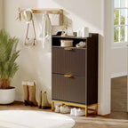Meuble de Rangement pour Chaussures Flûté Coolmee pour Entrée, Meuble à Chaussures Étroit en Bois de 60 cm avec 2 Tiroirs Basculants, Étagère Ouverte et Pieds Métalliques Robustes