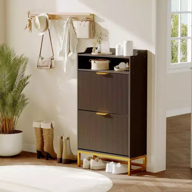Meuble de Rangement pour Chaussures Flûté Coolmee pour Entrée, Meuble à Chaussures Étroit en Bois de 60 cm avec 2 Tiroirs Basculants, Étagère Ouverte et Pieds Métalliques Robustes