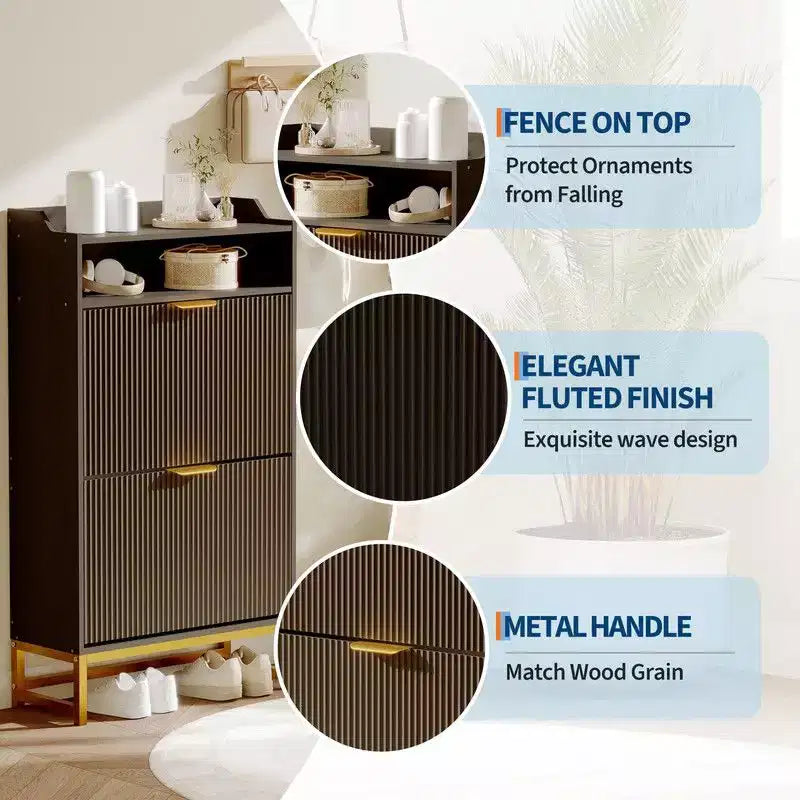 Meuble de Rangement pour Chaussures Flûté Coolmee pour Entrée, Meuble à Chaussures Étroit en Bois de 60 cm avec 2 Tiroirs Basculants, Étagère Ouverte et Pieds Métalliques Robustes