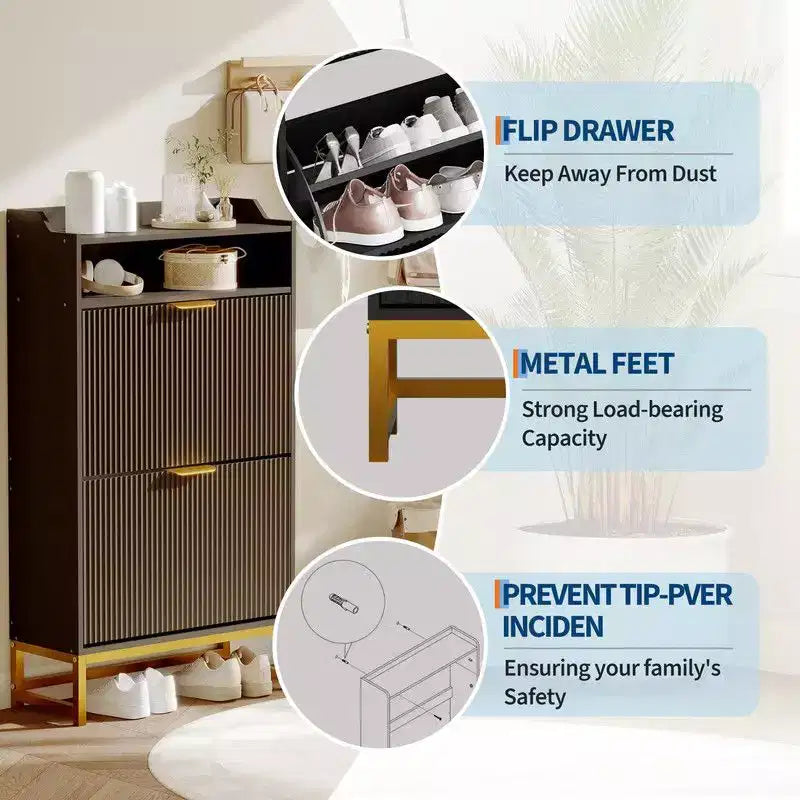 Meuble de Rangement pour Chaussures Flûté Coolmee pour Entrée, Meuble à Chaussures Étroit en Bois de 60 cm avec 2 Tiroirs Basculants, Étagère Ouverte et Pieds Métalliques Robustes
