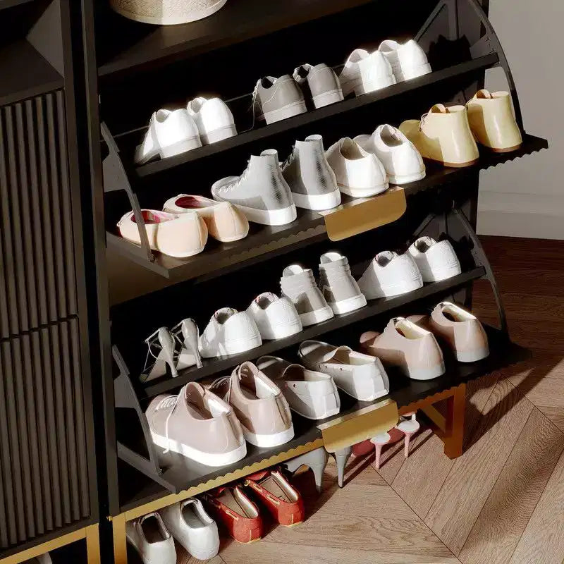 Meuble de Rangement pour Chaussures Flûté Coolmee pour Entrée, Meuble à Chaussures Étroit en Bois de 60 cm avec 2 Tiroirs Basculants, Étagère Ouverte et Pieds Métalliques Robustes