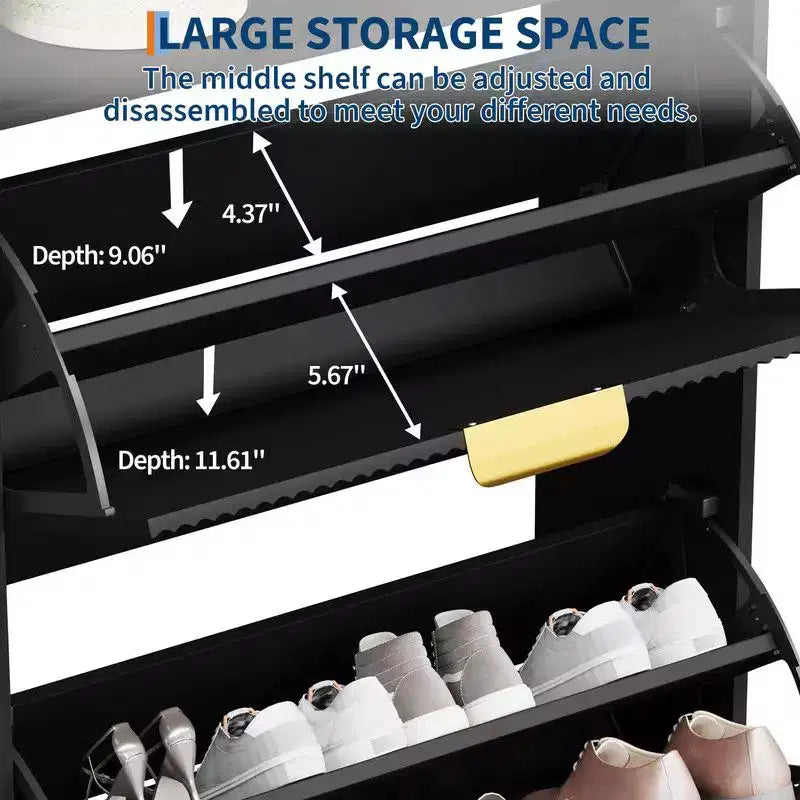 Meuble de Rangement pour Chaussures Flûté Coolmee pour Entrée, Meuble à Chaussures Étroit en Bois de 60 cm avec 2 Tiroirs Basculants, Étagère Ouverte et Pieds Métalliques Robustes