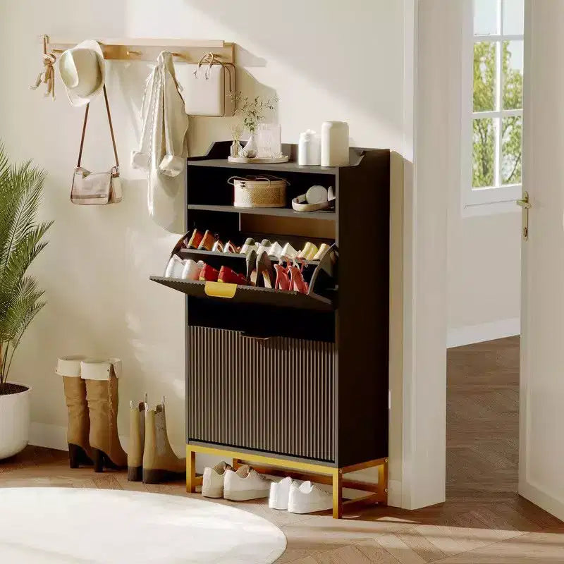 Coolmee Fluted Shoe Storage Cabinet for Entryway, 23.5 inch Wood Narrow Hidden Shoe Rack with 2 Flip Drawers, Open Shelf & Sturdy Metal Legs