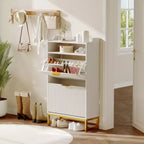 Meuble de Rangement pour Chaussures Flûté Coolmee pour Entrée, Meuble à Chaussures Étroit en Bois de 60 cm avec 2 Tiroirs Basculants, Étagère Ouverte et Pieds Métalliques Robustes
