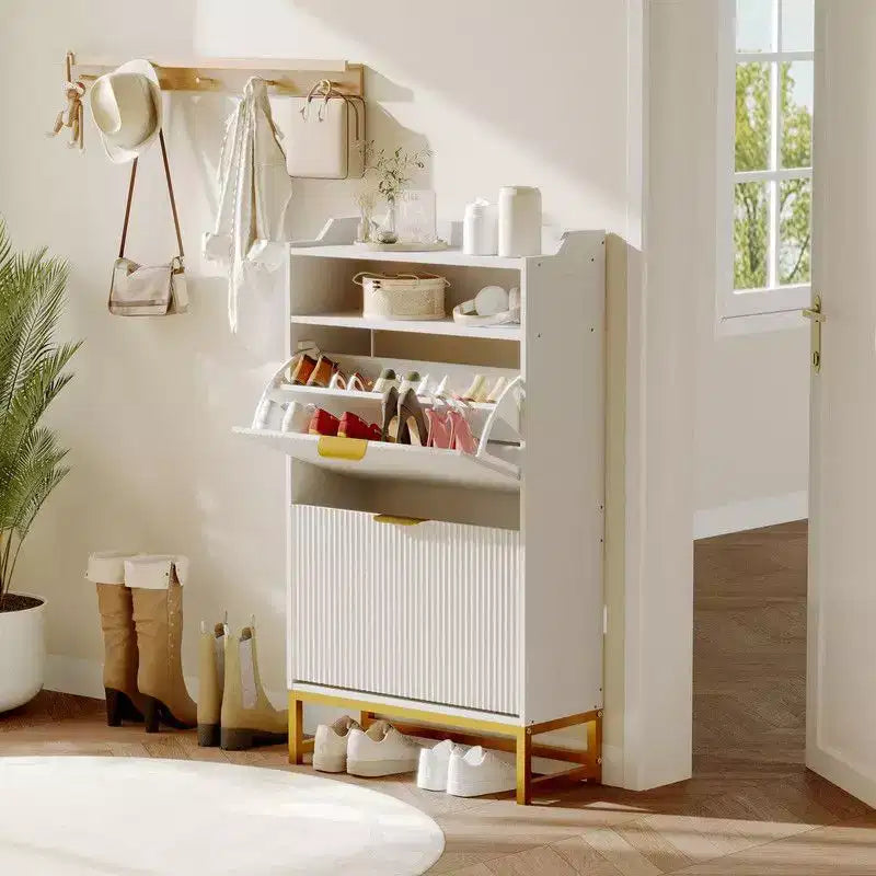 Meuble de Rangement pour Chaussures Flûté Coolmee pour Entrée, Meuble à Chaussures Étroit en Bois de 60 cm avec 2 Tiroirs Basculants, Étagère Ouverte et Pieds Métalliques Robustes