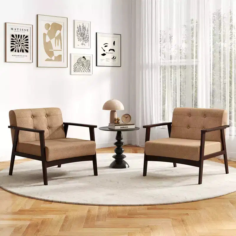 Costway Lot de 2 fauteuils d'appoint boutonnés, style moderne du milieu du siècle, avec accoudoirs, marron/noir/caramel