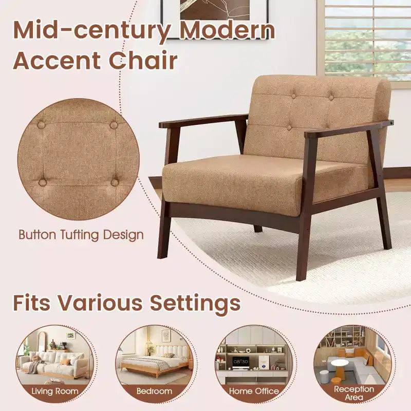 Costway Lot de 2 fauteuils d'appoint boutonnés, style moderne du milieu du siècle, avec accoudoirs, marron/noir/caramel