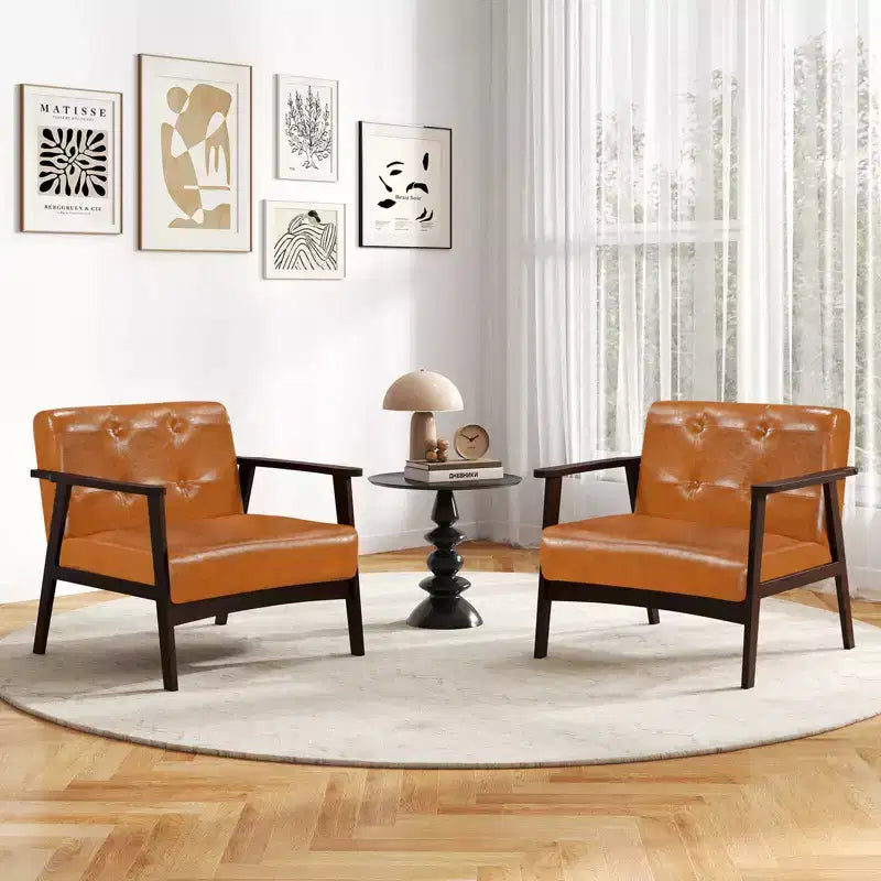 Costway Lot de 2 fauteuils d'appoint boutonnés, style moderne du milieu du siècle, avec accoudoirs, marron/noir/caramel