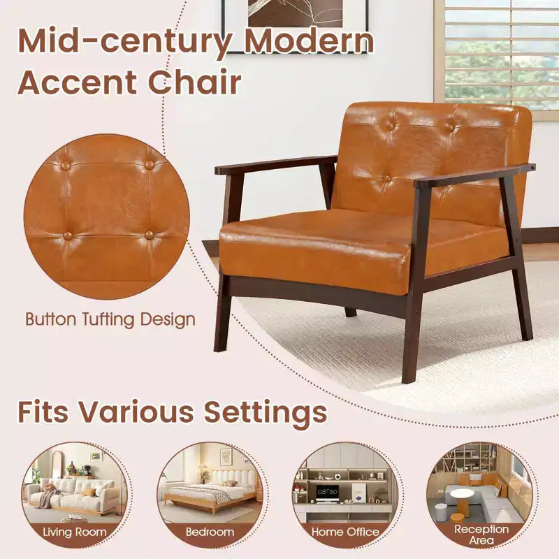 Costway Lot de 2 fauteuils d'appoint boutonnés, style moderne du milieu du siècle, avec accoudoirs, marron/noir/caramel