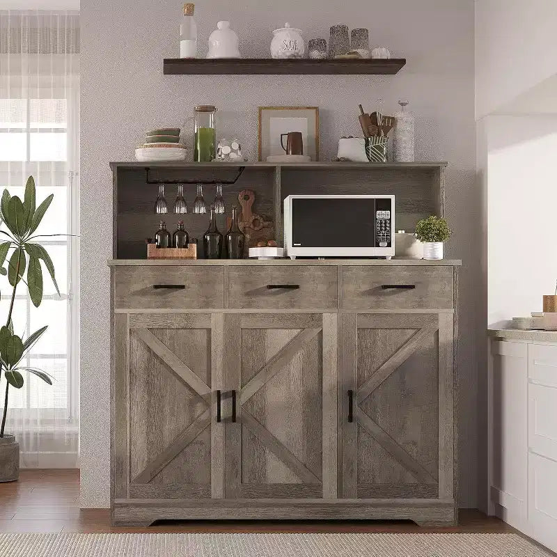 Meuble Buffet avec Rangement, Grand Bar à Café en Bois avec Tiroirs, Portes et Étagères, Buffet de Cuisine Fermière pour la Maison