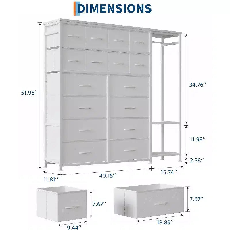 Portant à Vêtements avec 16 Tiroirs en Tissu et 2 Étagères de Rangement, Organisateur de Placard Autonome pour Vêtements Suspendus, Penderie Robuste