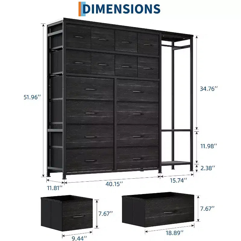 Portant à Vêtements avec 16 Tiroirs en Tissu et 2 Étagères de Rangement, Organisateur de Placard Autonome pour Vêtements Suspendus, Penderie Robuste