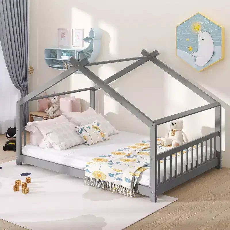 Bellemave Full House Floor Bed with with Support Slats, Solid Wood Floor Bed Frame with House-shaped Roof, No Box Spring Needed, Gray