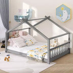 Bellemave Full House Floor Bed with with Support Slats, Solid Wood Floor Bed Frame with House-shaped Roof, No Box Spring Needed, Gray