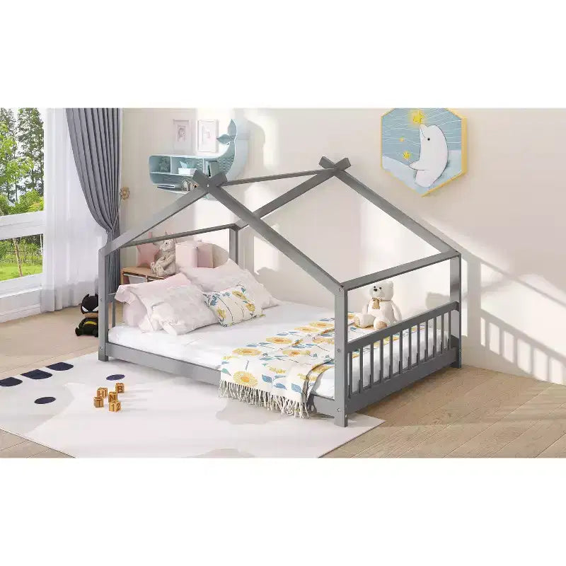 Lit au sol Bellemave Full House avec lattes de support, cadre de lit au sol en bois massif avec toit en forme de maison, aucun sommier tapissier requis, gris