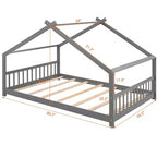 Lit au sol Bellemave Full House avec lattes de support, cadre de lit au sol en bois massif avec toit en forme de maison, aucun sommier tapissier requis, gris