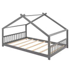 Lit au sol Bellemave Full House avec lattes de support, cadre de lit au sol en bois massif avec toit en forme de maison, aucun sommier tapissier requis, gris