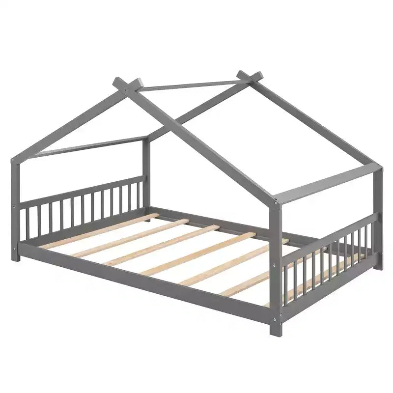 Lit au sol Bellemave Full House avec lattes de support, cadre de lit au sol en bois massif avec toit en forme de maison, aucun sommier tapissier requis, gris