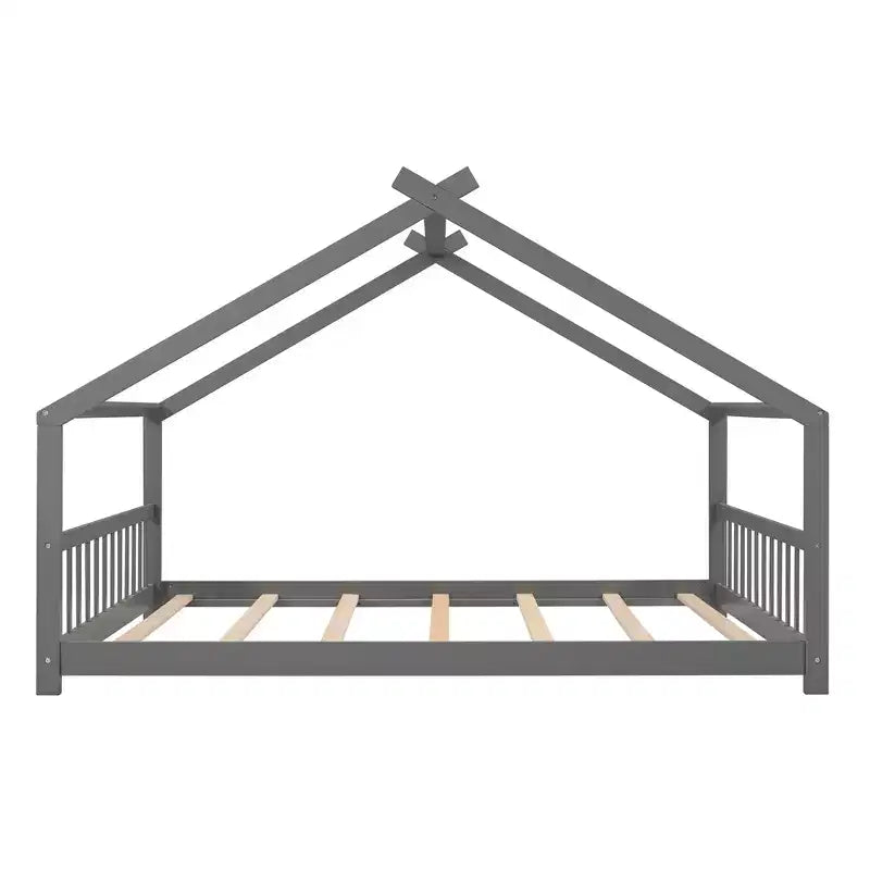Lit au sol Bellemave Full House avec lattes de support, cadre de lit au sol en bois massif avec toit en forme de maison, aucun sommier tapissier requis, gris