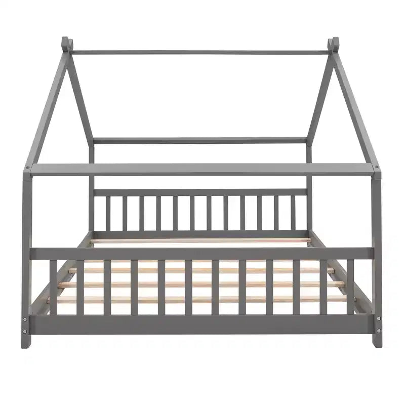Lit au sol Bellemave Full House avec lattes de support, cadre de lit au sol en bois massif avec toit en forme de maison, aucun sommier tapissier requis, gris