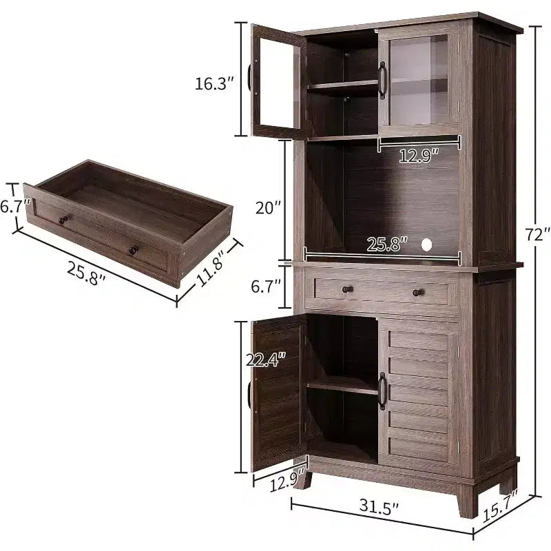 Buffet de cuisine autonome avec portes et tiroirs, 183 cm, pour bar à café, étagères réglables, finition bois blanc et marron pour le salon