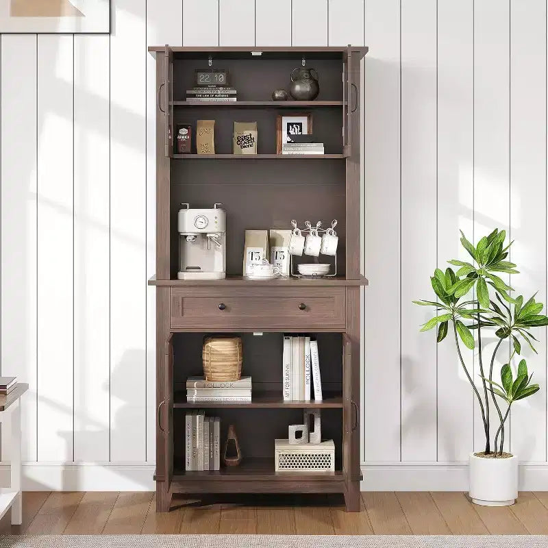 Buffet de cuisine autonome avec portes et tiroirs, 183 cm, pour bar à café, étagères réglables, finition bois blanc et marron pour le salon
