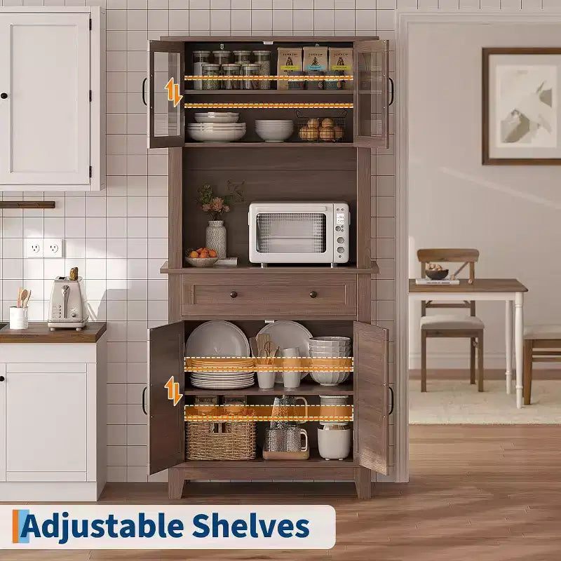 Buffet de cuisine autonome avec portes et tiroirs, 183 cm, pour bar à café, étagères réglables, finition bois blanc et marron pour le salon