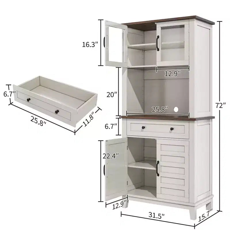 Buffet de cuisine autonome avec portes et tiroirs, 183 cm, pour bar à café, étagères réglables, finition bois blanc et marron pour le salon