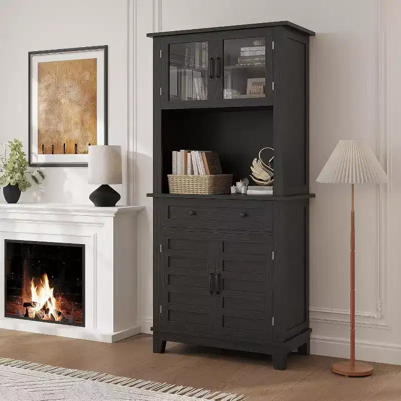 Buffet de cuisine autonome avec portes et tiroirs, 183 cm, pour bar à café, étagères réglables, finition bois blanc et marron pour le salon