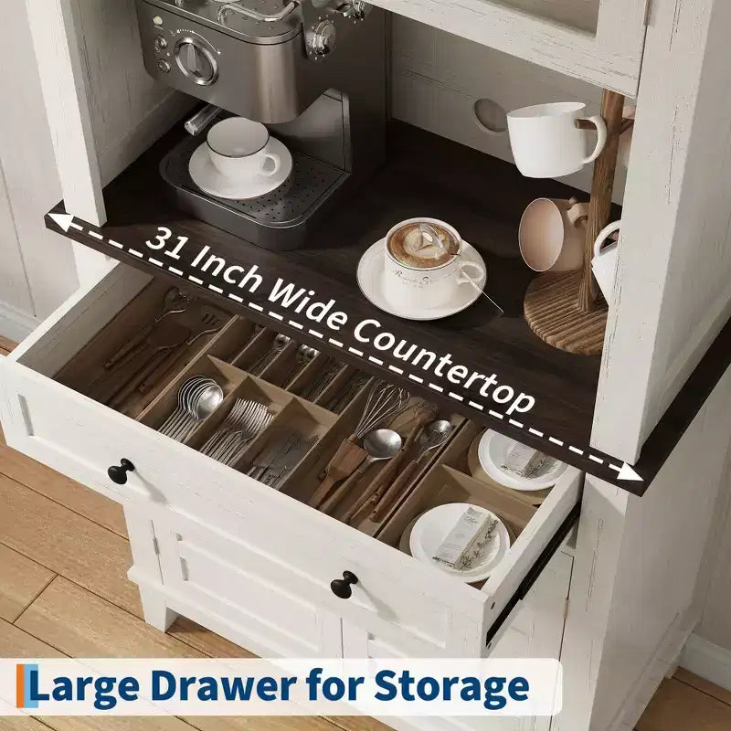 Buffet de cuisine autonome avec portes et tiroirs, 183 cm, pour bar à café, étagères réglables, finition bois blanc et marron pour le salon