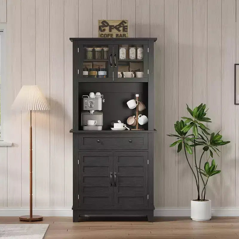 Buffet de cuisine autonome avec portes et tiroirs, 183 cm, pour bar à café, étagères réglables, finition bois blanc et marron pour le salon
