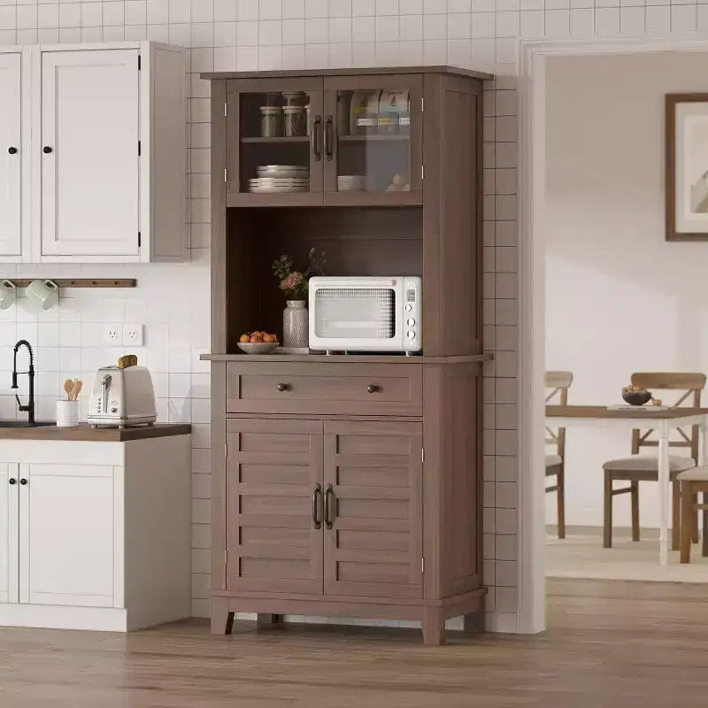 Buffet de cuisine autonome avec portes et tiroirs, 183 cm, pour bar à café, étagères réglables, finition bois blanc et marron pour le salon