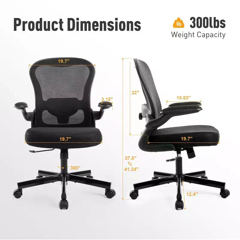 Captiva Designs Chaise de bureau ergonomique à dossier haut en maille, réglable en hauteur, pivotante avec accoudoirs relevables, noir