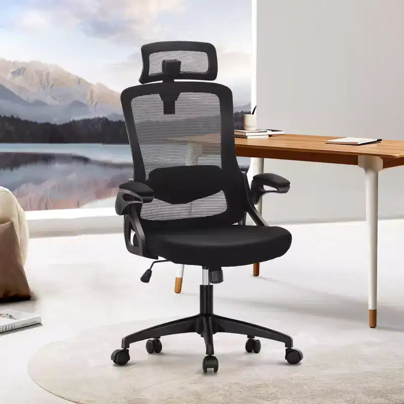 Captiva Designs Chaise de bureau ergonomique à dossier haut en maille, réglable en hauteur, pivotante avec accoudoirs relevables, noir