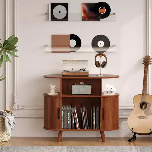 35 Large Record Player Stand, Rustic Vinyl Record Record Storage Cabinet, Player Turntable Stand with Open Shelves, Record Player Table